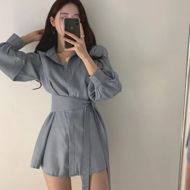 【D.studio】韓版氣質顯瘦綁帶設計感洋裝(套裝連身裙長袖上衣女裝 衣服 顯瘦上衣長袖t恤冬裝連衣裙 S216)