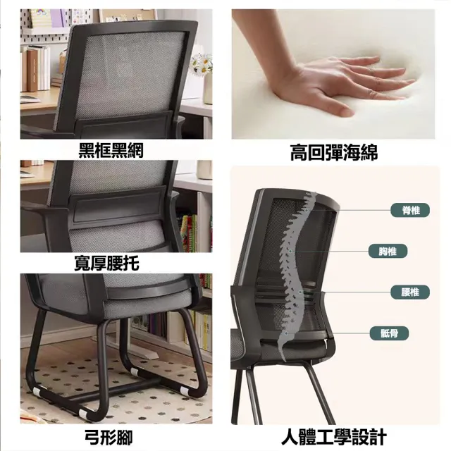 【E-factory】辦公椅 電腦椅 人體工學椅 靠背椅 會議椅 椅子 書桌椅 網椅弓形椅(454-HB辦公椅（黑色）)