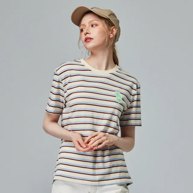 【moz】瑞典 駝鹿 愛心駝鹿 舒適柔棉 100%純棉條紋短T(米色條紋 女款 亞洲版)