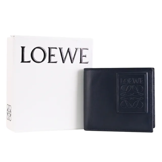 【LOEWE 羅威】ANAGRAM 品牌烙印LOGO牛皮雙層對折8卡短夾(深藍)