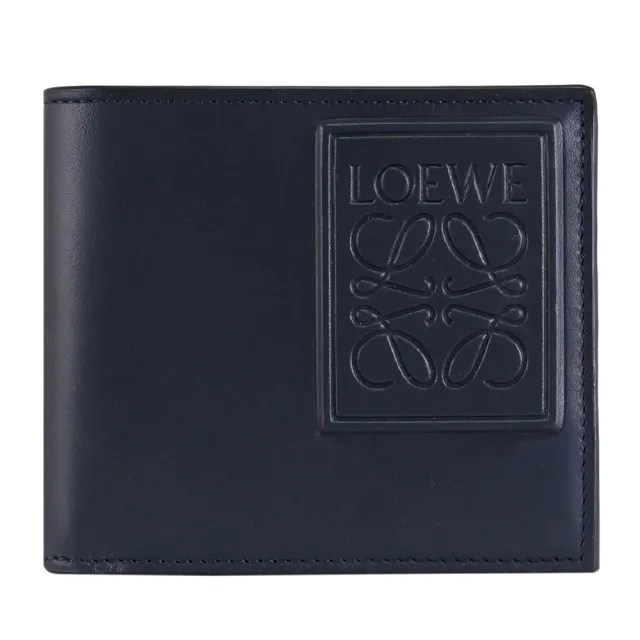 【LOEWE 羅威】ANAGRAM 品牌烙印LOGO牛皮雙層對折8卡短夾(深藍)