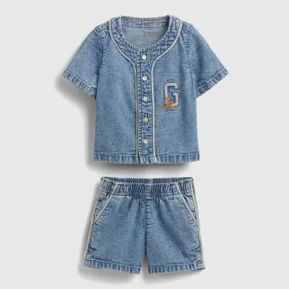 【GAP】嬰兒裝 Logo純棉小熊刺繡圓領短袖短褲家居套裝-中度水洗(781011)