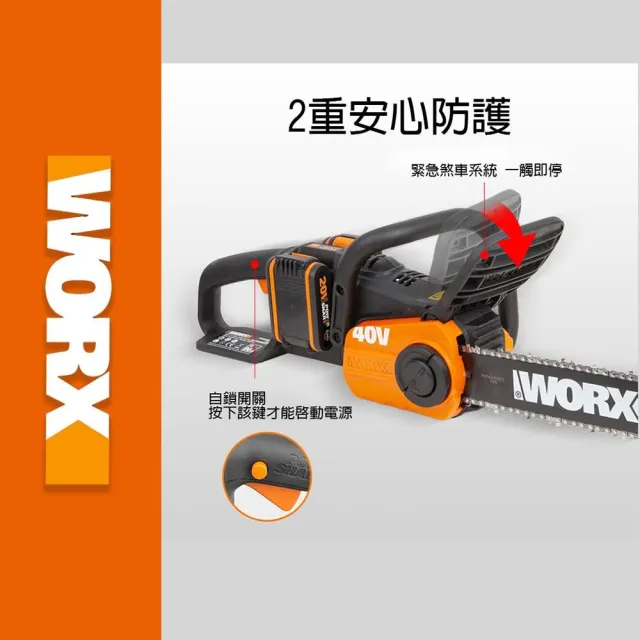 【WORX 威克士】40V 30CM 鋰電鏈鋸機 WG384E.9(鏈鋸機  切割機 電動鏈鋸  無刷鋰電鏈鋸機)