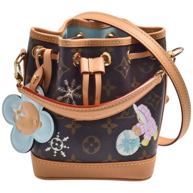 LV LOUIS VUITTON路易威登 M12221 聖誕限定 Snow Show 系列 Nano Noé Monogram 帆布束口手提/斜背水桶包
