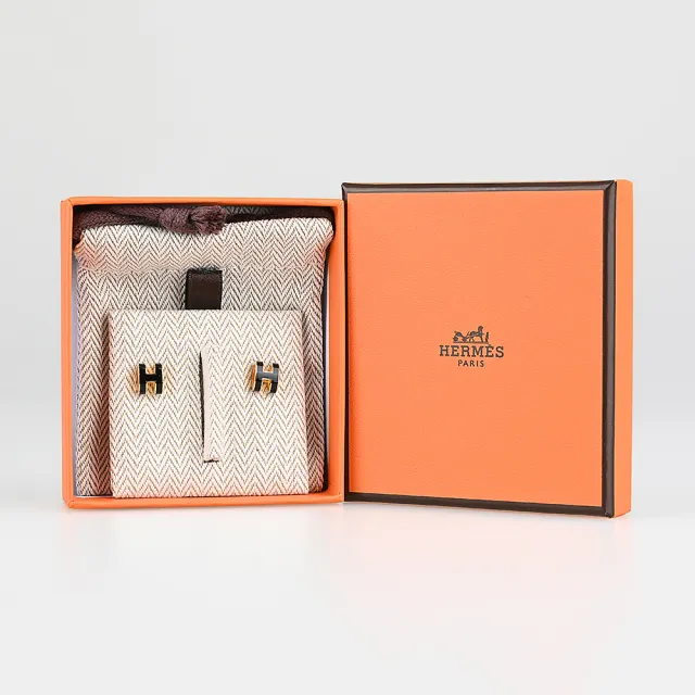 【Hermes 愛馬仕】Hermes MINI POP經典H字母造型針式耳環(黑x金)