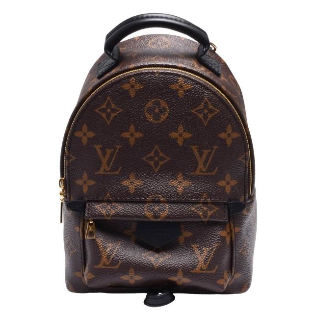 LV LOUIS VUITTON 路易威登 M44873 PALM SPRINGS MINI Monogram 帆布後背/斜揹包，咖啡色系設計，簡約時尚。外層與內層均為帆布材質，搭配防塵袋與購買證明影本。尺寸為長15cm、寬9cm、高22cm，背帶長度可調98cm-116cm，適合女性日常使用，拉鍊式開口，無外部與內部夾層，無底珠，不適合放A4檔案。