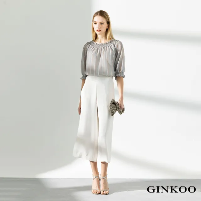 【GINKOO 俊克】領口久帶絲條紋上衣