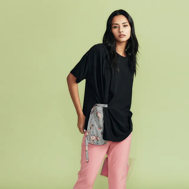 【ICHE 衣哲】Copine法式設計格紋印花拼接五分袖造型上衣