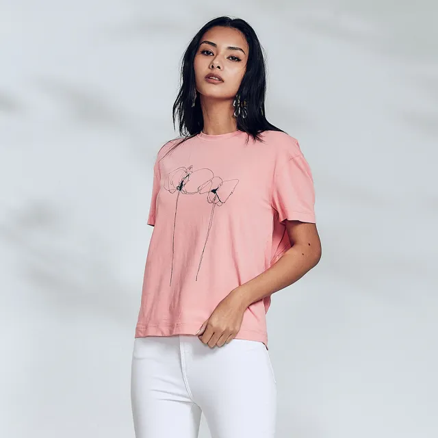 【ICHE 衣哲】Cop.Copine 法國原裝進口法式輪廓線花卉印圖蜜桃粉上衣