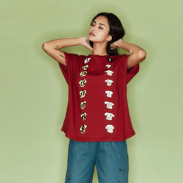 【ICHE 衣哲】Cop.Copine法式設計3D立體抓摺五分袖印花造型上衣(兩色)