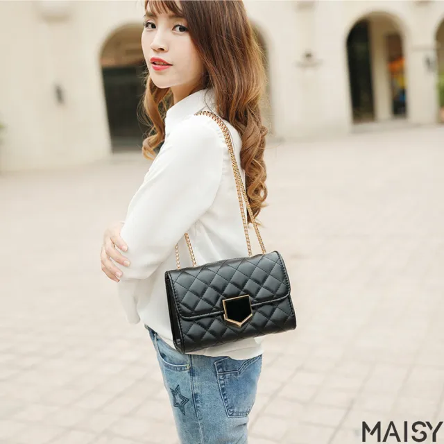 【MAISY】高級真皮黑色菱格鏈帶包 單肩包 小方包(真皮包包 黑色)