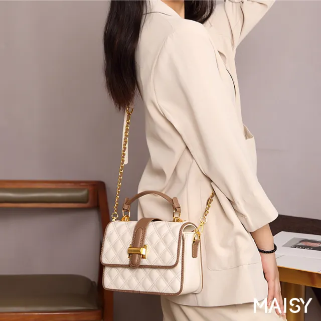 【MAISY】精緻拼接菱格牛皮手提包 托特包 鏈帶包(米色／黑色)