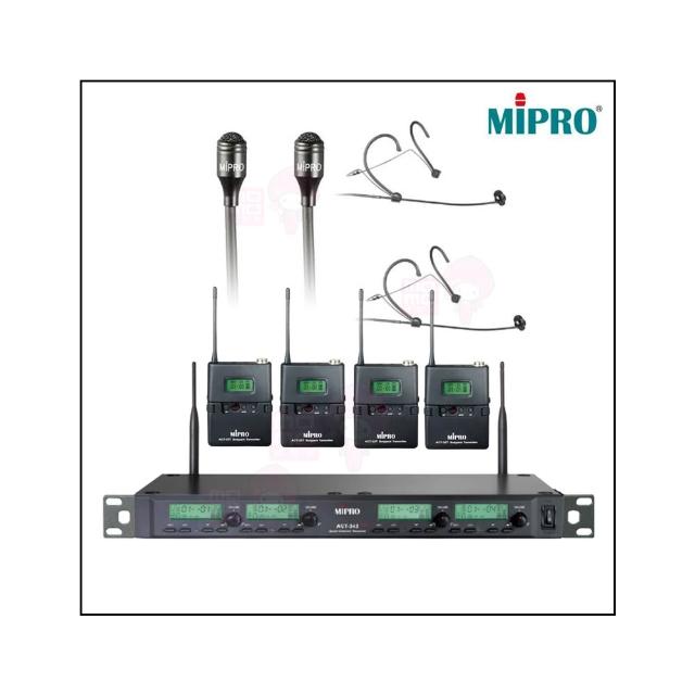 【MIPRO】ACT-343PLUS 配2頭戴+2領夾式麥克風(1U四頻道自動選訊無線麥克風)