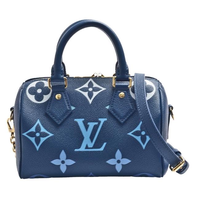 高階法國品牌 LOUIS VUITTON 路易威登 手提/斜揹包，採用藍色系牛皮製成，設計簡約大方，適合日常出勤與休閒場合。兩用設計，可手提或斜背，配有原廠背帶、防塵套、鑰匙與鎖頭。內層有1個內袋，方便收納小物。尺寸為長21cm、寬11.5cm、高14cm，提把高度7cm，背帶可調長109cm。適合女性使用，開口為拉鍊式，無外部與內部夾層，無底珠，不適合放A4檔案。