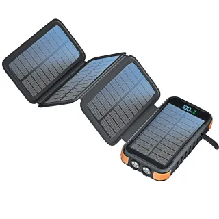 【Takuno拓野】行動電源 20000mAh應急電源 停電電源(防摔防塵防水 雙燈照明 18W快充 4片太陽能板高效轉化)