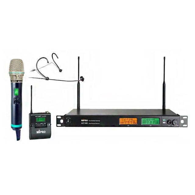 MIPRO嘉強 ACT-525 雙頻UHF麥克風，支援雙色背光大型LCD顯示，內建Dante數位音訊網路介面，提供長距離接收與自動選訊功能。採用24 MHz窄頻技術，適閤家庭K歌、家用音響及戶外使用。電容式麥克風，雙指向式設計，黑色系外觀，輕便易攜，符合電波法規。