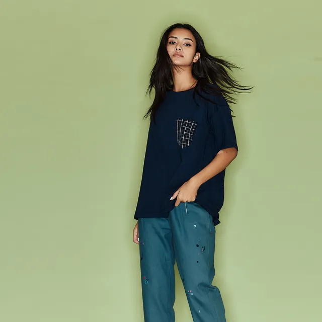 【ICHE 衣哲】Cop.Copine法式設計格紋印花拼接五分袖造型上衣-S