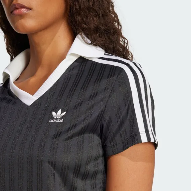 【adidas 愛迪達】V-neck Polo 女 Polo衫 短版 運動上衣 休閒短袖 黑 白 亞版(JD2606)