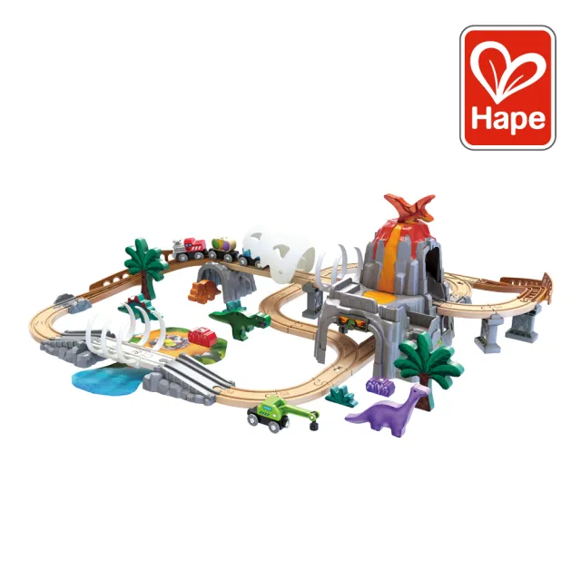 【Hape】火車軌道夜光恐龍組合(軌道遊戲/家家酒玩具/木製玩具/木頭玩具)