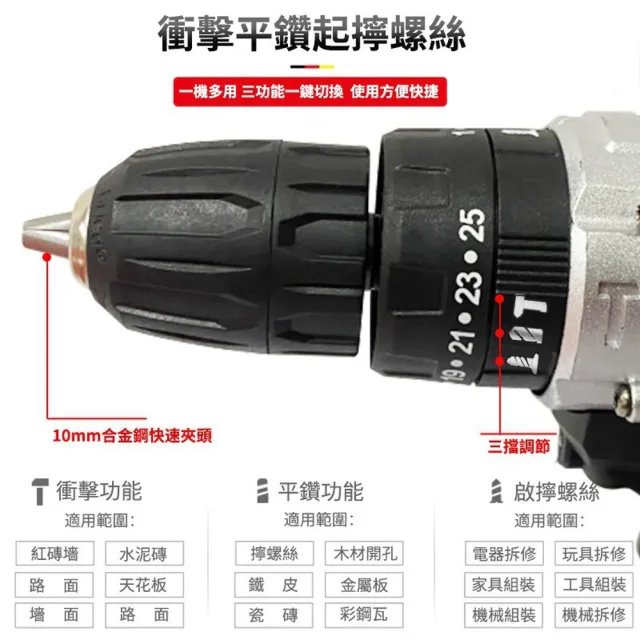 【Ogula 小倉】電鑽 三模式一機多用 25擋扭力調節 288VF單電+鑽頭配件(電鑽/衝擊鑽/電動螺絲刀/電動起子)