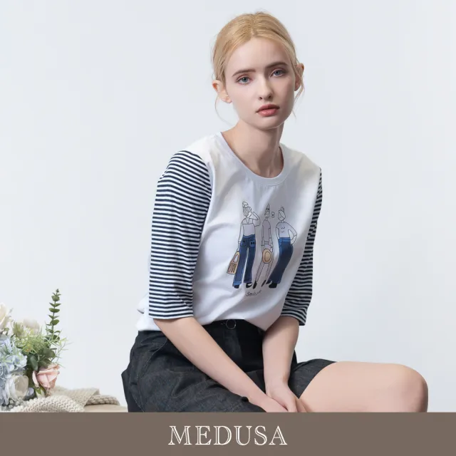 【MEDUSA 曼度莎】現貨-可愛女孩插畫條紋拼袖T恤（M-XL）｜女短袖T恤 女休閒上衣 女上衣(601-35101)
