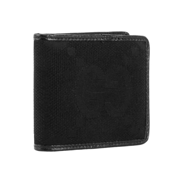 【GUCCI 古馳】Jumbo GG Logo 緹花布及皮革對開8卡短夾(黑色)