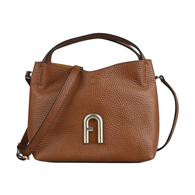 【FURLA 芙拉】FURLA PRIMULA金屬拱門LOGO小牛皮搭麂皮內襯扣式手提斜背流浪包(迷你/白蘭地棕)