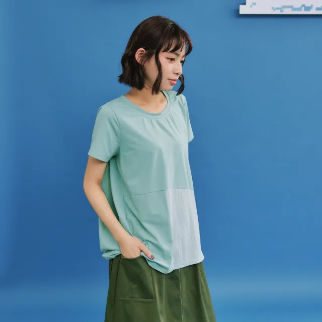 【Dailo】質感拼接短袖上衣(黑 白 綠/魅力商品)