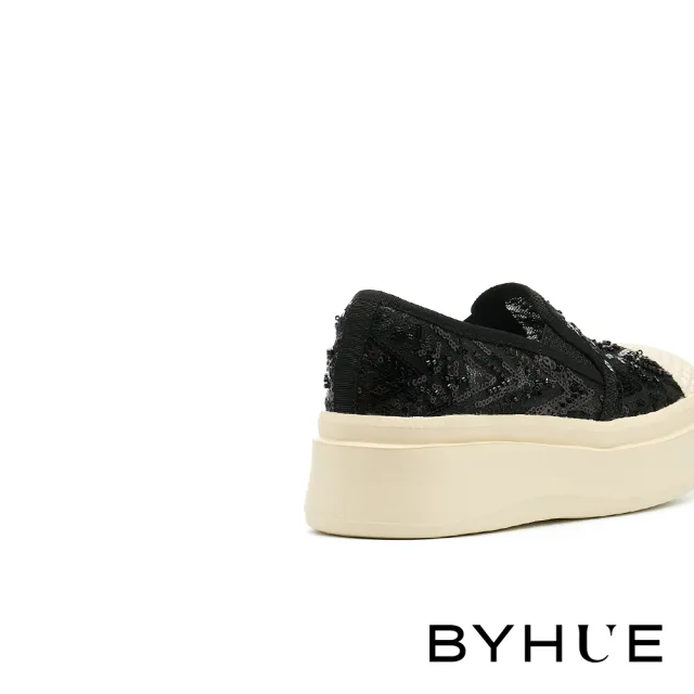 【BYHUE】率性質感縫珠網布厚底休閒鞋(黑)
