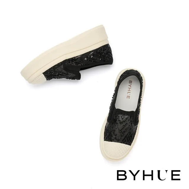 【BYHUE】率性質感縫珠網布厚底休閒鞋(黑)
