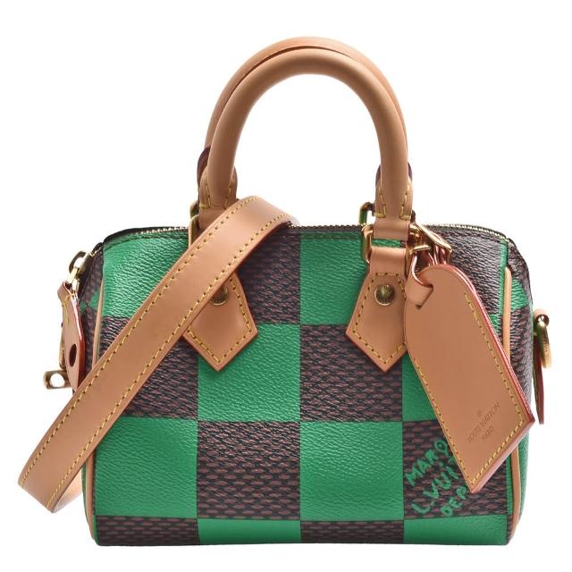 全新 LOUIS VUITTON 路易威登 Speedy 18 Damier Pop 帆布波士頓包，綠色系設計，兩用款式，附原廠防塵套、包裝盒、背帶、鑰匙與鎖頭。尺寸為長17cm、寬10cm、高12cm，提把高度7cm，背帶全長約108cm，適合女性日常使用，拉鍊式開口，內有1個內袋，不附底珠與A4尺寸空間。