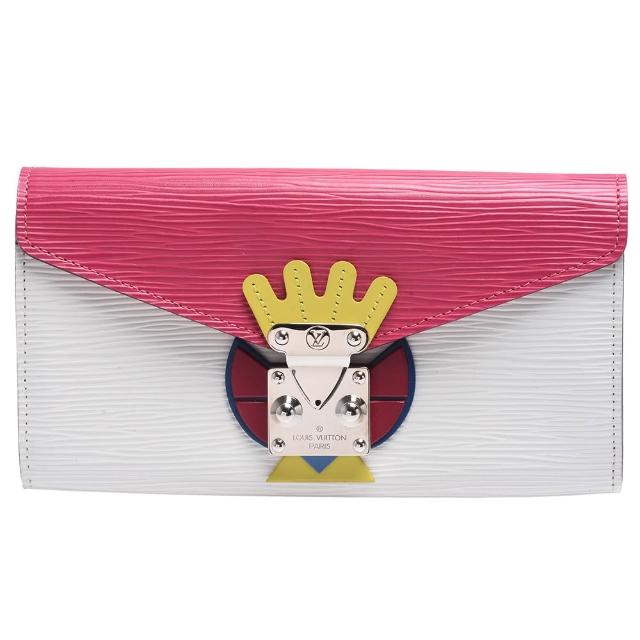 LV LOUIS VUITTON 路易威登 M60792 TOTEM Sarah 系列經典 EPI 水波紋牛皮飾邊壓釦長夾，白色系設計，優雅時尚。外層與內層皆為高質感牛皮，經典水波紋紋路展現品牌特色。配有原廠防塵套與包裝盒，確保商品完整與保值。尺寸為長19公分、寬3公分、高10公分，適合女性日常使用。釦式開口設計，安全實用。內部有20個夾層，外部無夾層，外袋1個、內袋1個，無手機袋。法國原產，歐洲真品平行輸入，品質保證。