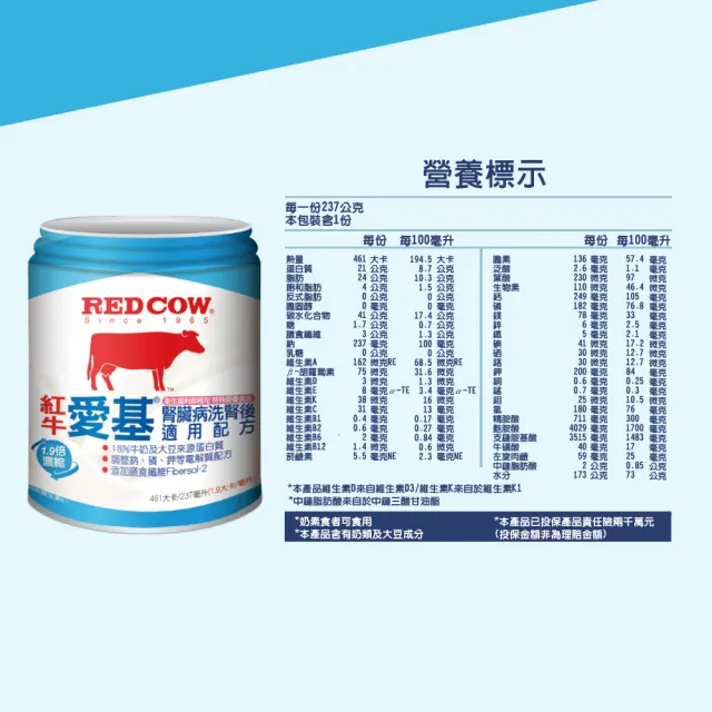 【RED COW 紅牛】官方直營 愛基腎臟病洗腎後適用配方237ml X24入/箱(x2箱)
