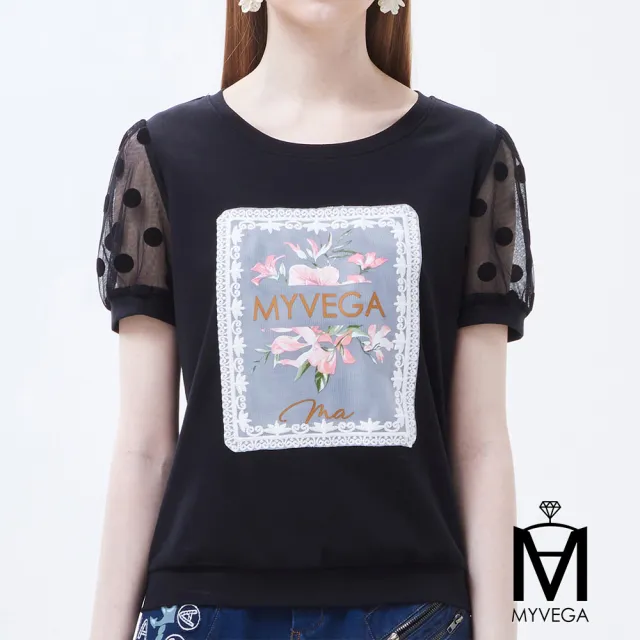 【MYVEGA 麥雪爾】MA高含棉拼接點點網紗袖印花上衣-黑(復古T/)
