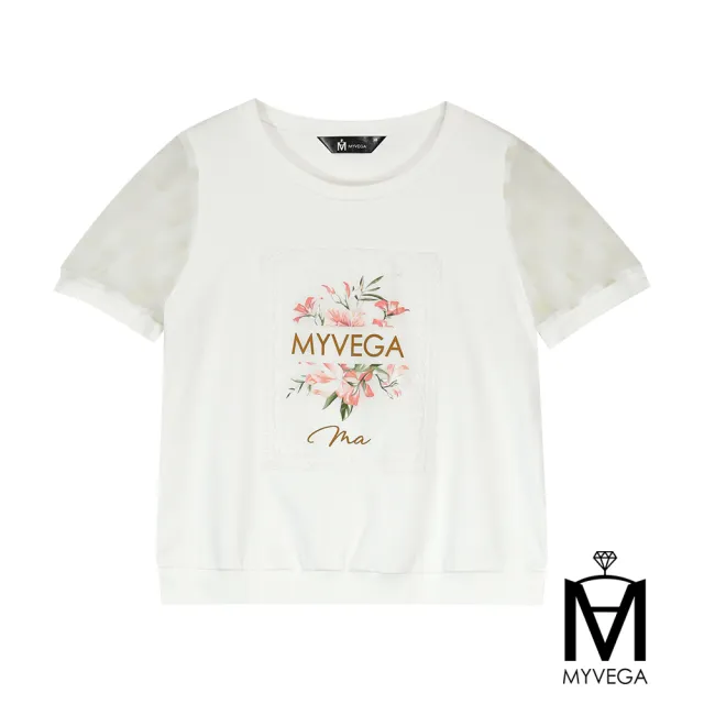 【MYVEGA 麥雪爾】MA高含棉拼接點點網紗袖印花上衣-白(復古T/)