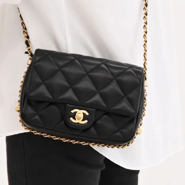 【CHANEL 香奈兒】COCO 新版經典雙C LOGO菱格紋小羊皮三用翻蓋金鍊包(黑)