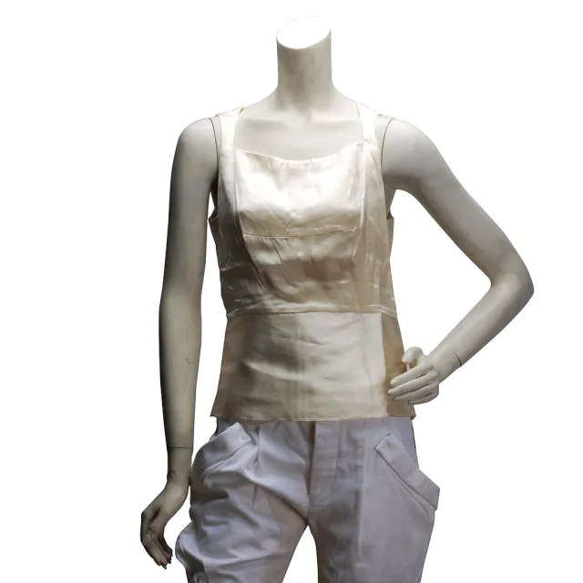 【Balenciaga 巴黎世家】緞面絲質合身短版無袖上衣(淡黃-38/199092-9006)