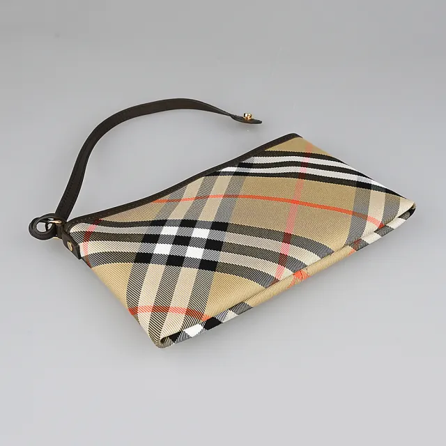 【BURBERRY 巴寶莉】BURBERRY 格紋設計帆布滾邊小牛皮扣式肩背子母包(米沙棕)