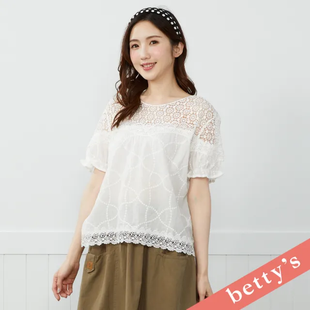 【betty’s 貝蒂思】出清品  太陽鏤空蕾絲拼接點點刺繡上衣(白色)