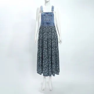 【ILEY 伊蕾】碎花拼接棉質吊帶牛仔洋裝(深藍；M-L；1252388706)
