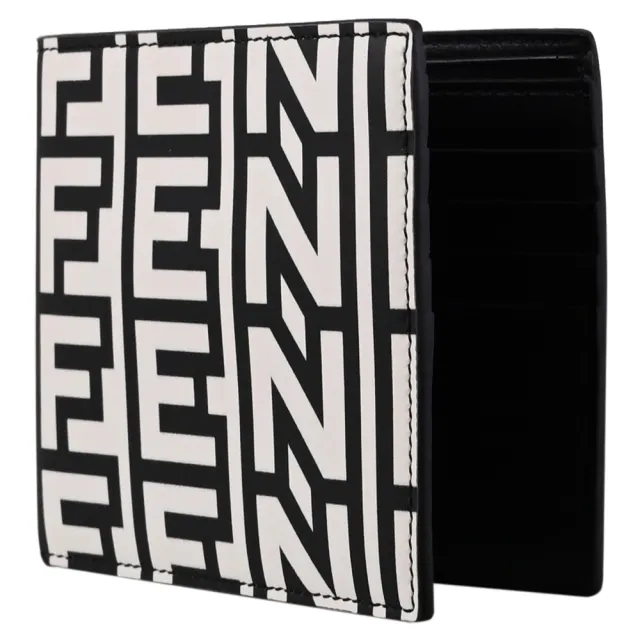 【FENDI 芬迪】經典滿版F LOGO印花牛皮對折8卡短夾(黑白)