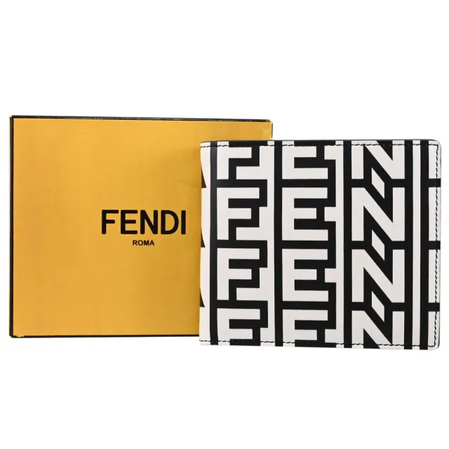 【FENDI 芬迪】經典滿版F LOGO印花牛皮對折8卡短夾(黑白)