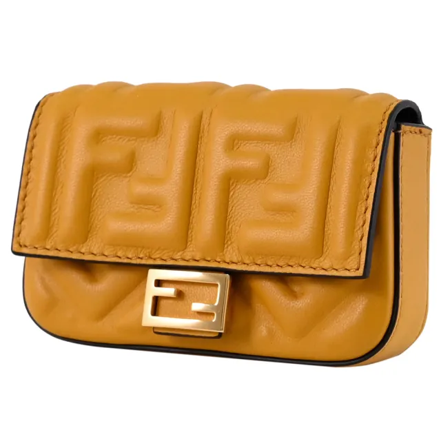 【FENDI 芬迪】金屬F LOGO NAPPA皮革鑰匙扣卡片包斜背小包小廢包(黃)