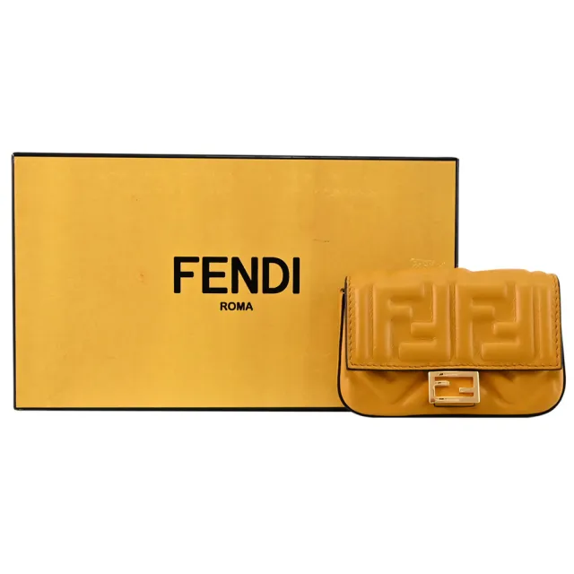 【FENDI 芬迪】金屬F LOGO NAPPA皮革鑰匙扣卡片包斜背小包小廢包(黃)