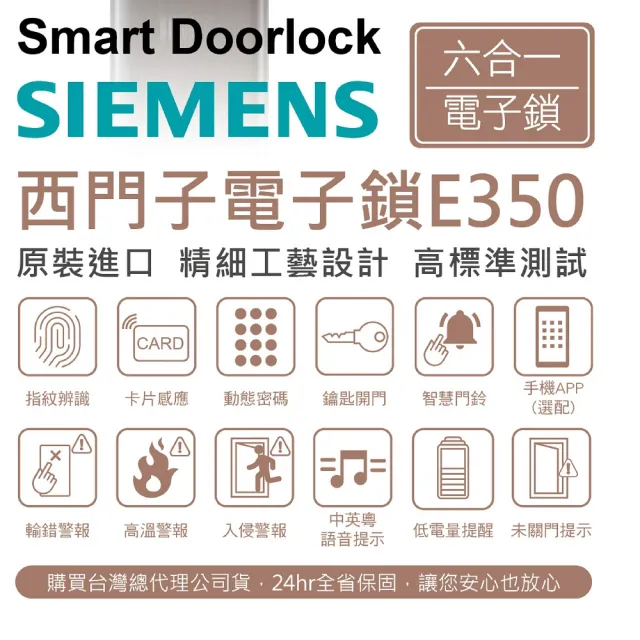 【SIEMENS】E350 超薄型四合一電子鎖(指紋│卡片│密碼│鑰匙/含安裝/總代理公司貨)