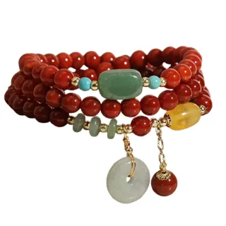 【Jpqueen】北國民族南紅瑪瑙平安扣多層三圈串珠手鍊(紅色)