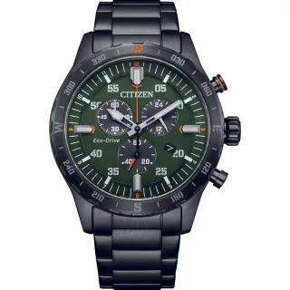 【CITIZEN 星辰】光動能潮玩型男三眼計時手錶 綠黑 43mm  現貨(AT2527-80X)