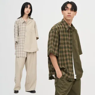 【plain-me】男女款 西料格紋可拆短袖襯衫 PLN3365-251(外搭 短袖上衣 寬鬆 跳色 排扣 西裝面料)