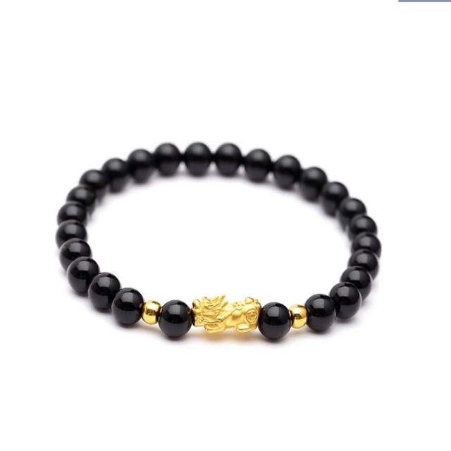 【迎鶴金品】黃金9999貔貅黑瑪瑙串珠手鍊(0.10錢正負1厘)