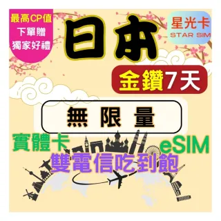 【Star SIM 星光卡】金鑽日本上網卡7天 高速 無限量 吃到飽(雙電信 實體卡 eSIM兌換碼紙本寄送)